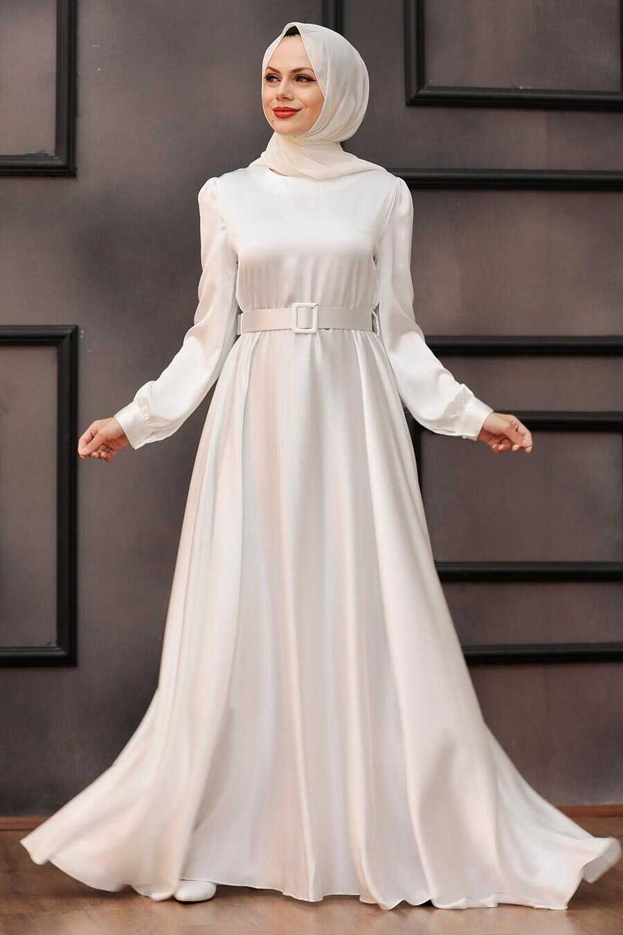 Ecru Hijab Evening Dress 28890E