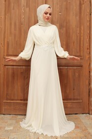 Ecru Hijab Evening Dress 3435E - Thumbnail