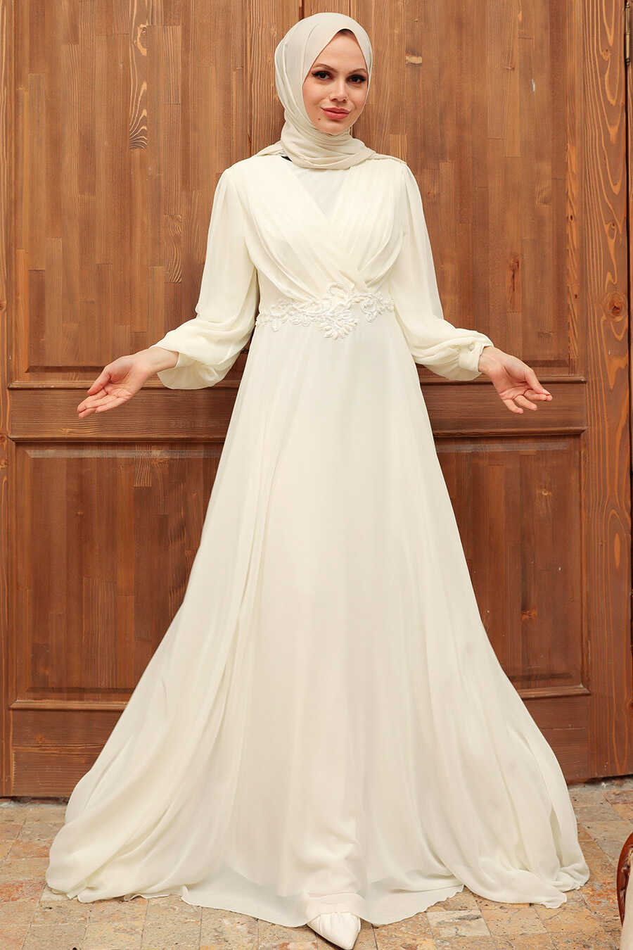 Neva Style - Stylish Ecru Islamic Evening Gown 3435E