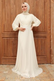 Neva Style - Stylish Ecru Islamic Evening Gown 3435E - Thumbnail