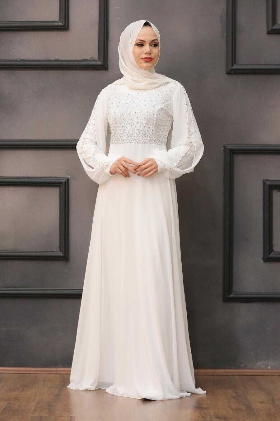 Ecru Hijab Evening Dress 50060E