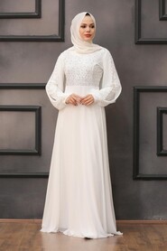 Ecru Hijab Evening Dress 50060E - Thumbnail