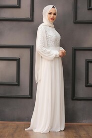 Ecru Hijab Evening Dress 50060E - Thumbnail