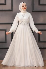 Ecru Hijab Evening Dress 50151E - Thumbnail