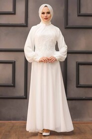 Ecru Hijab Evening Dress 52785E - Thumbnail