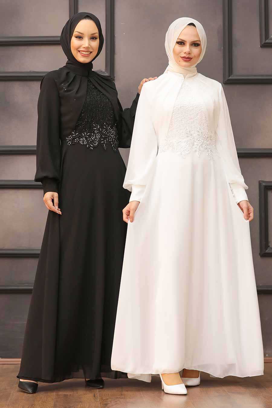 Ecru Hijab Evening Dress 52785E