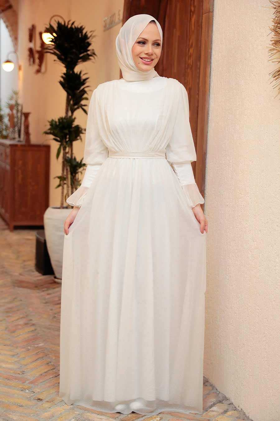 Ecru Hijab Evening Dress 5367E