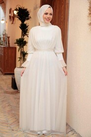 Ecru Hijab Evening Dress 5367E - Thumbnail
