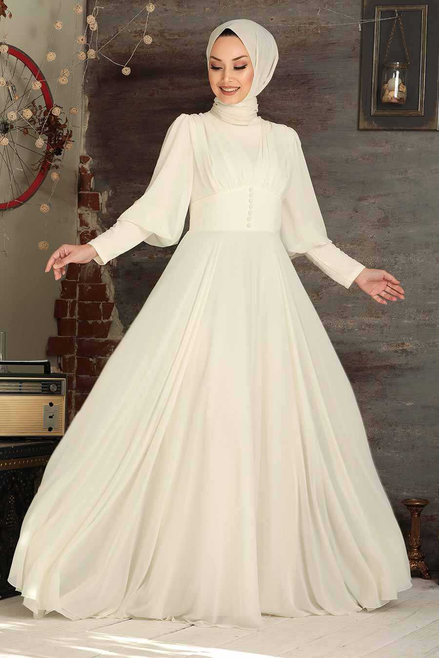 Ecru Hijab Evening Dress 53810E - Neva-style.com