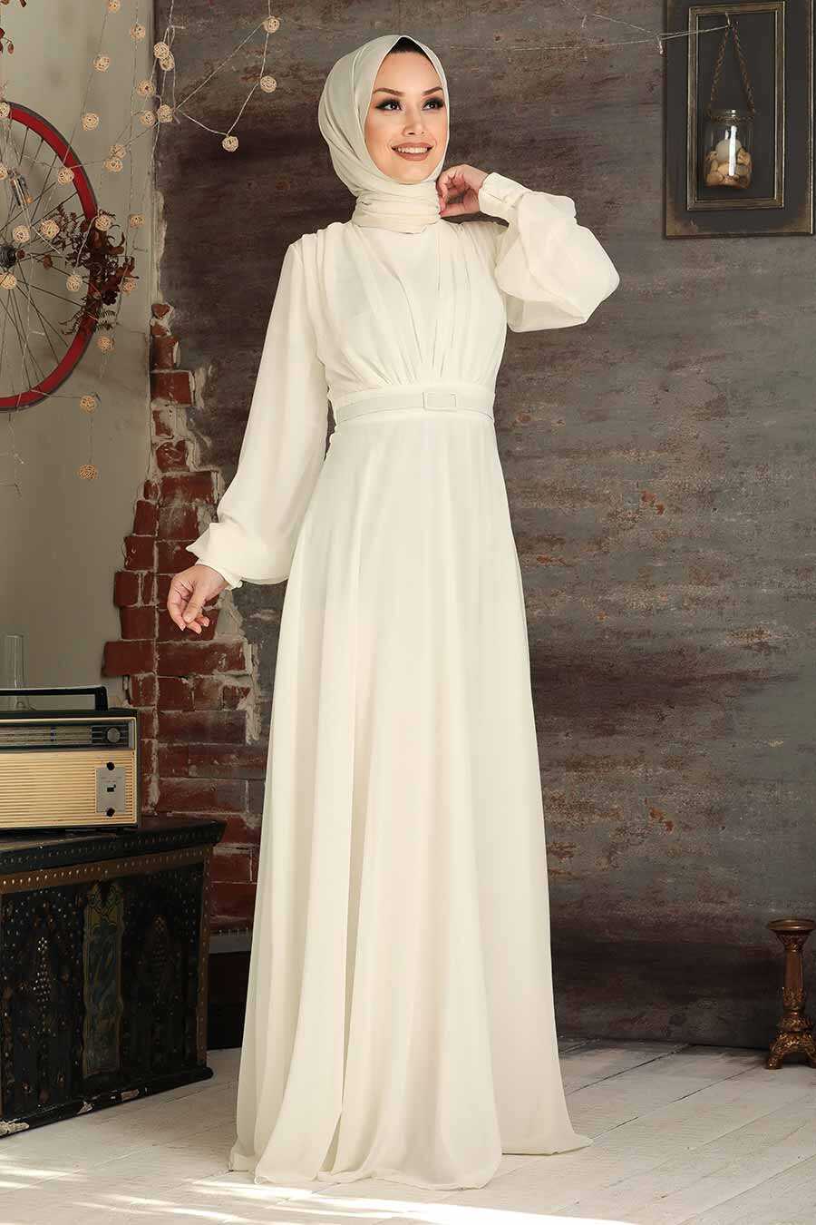 Neva Style - Plus Size Ecru Islamic Clothing Evening Dress 5422E