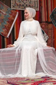Ecru Hijab Evening Dress 5441E - Thumbnail
