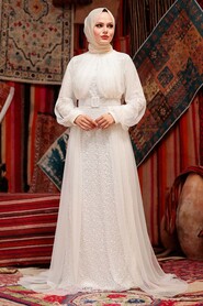 Neva Style - Ecru Turkish Hijab Prom Dress 5441E - Thumbnail
