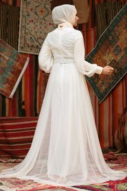 Neva Style - Ecru Turkish Hijab Prom Dress 5441E - Thumbnail