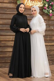 Ecru Hijab Evening Dress 5474E - Thumbnail