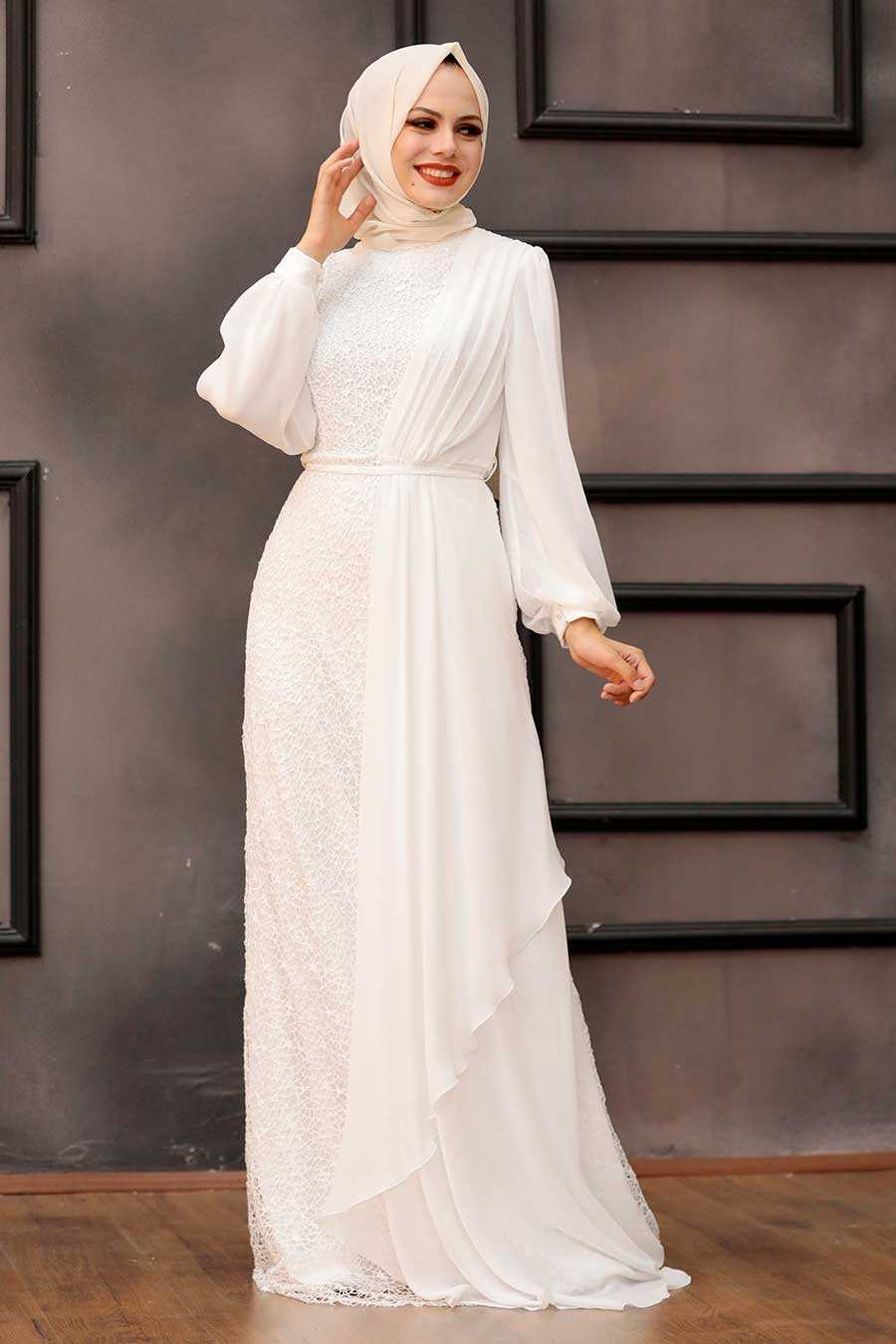 Ecru Hijab Evening Dress 5516E