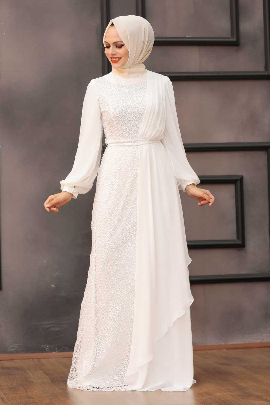 Ecru Hijab Evening Dress 5516E