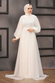 Ecru Hijab Evening Dress 55190E - Thumbnail