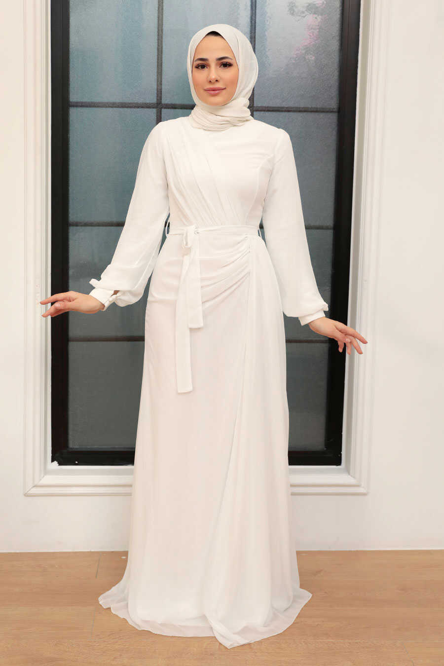 Ecru Hijab Evening Dress 5711E