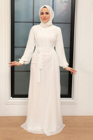 Ecru Hijab Evening Dress 5711E - Thumbnail