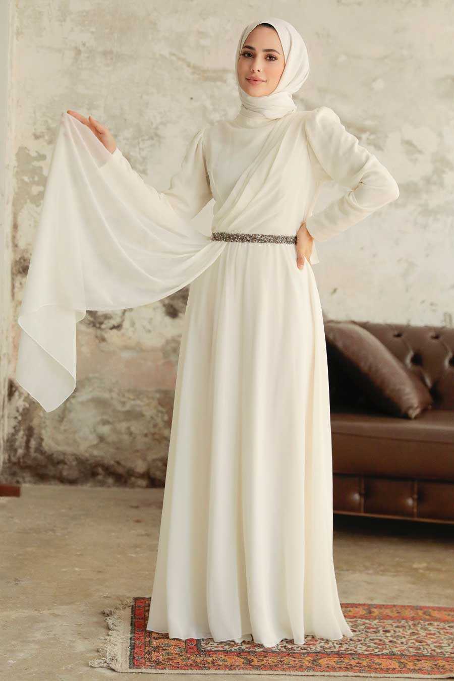 Ecru Hijab Evening Dress 5737E