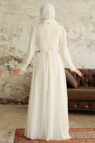 Ecru Hijab Evening Dress 5737E - Thumbnail