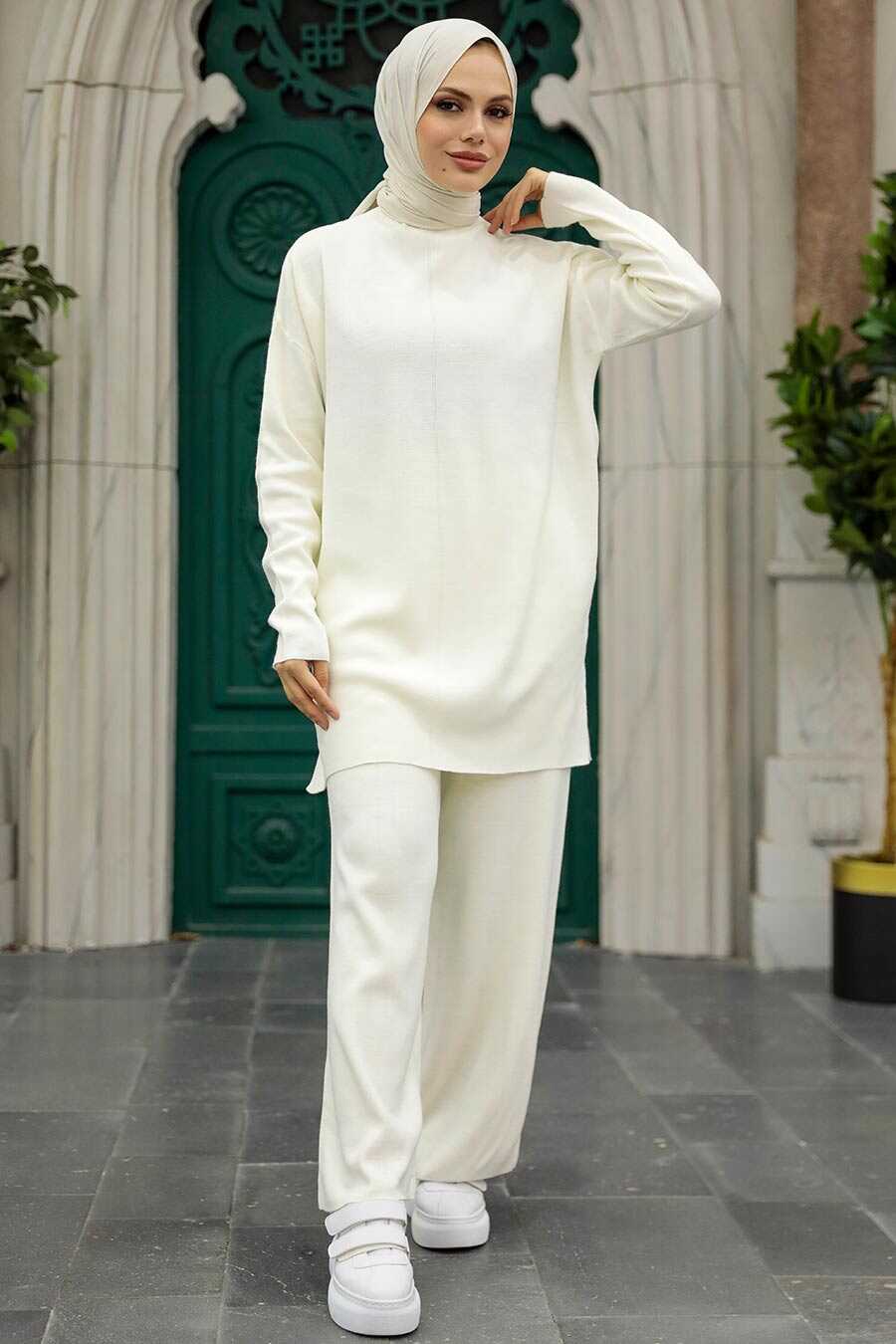 Ecru Hijab Knitwear Dual Suit 40782E