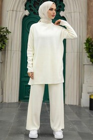 Ecru Hijab Knitwear Dual Suit 40782E - Thumbnail