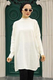 Ecru Hijab Knitwear Poncho 3404E - Thumbnail