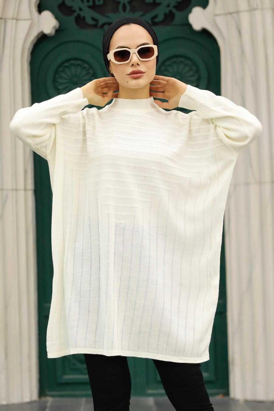 Ecru Hijab Knitwear Poncho 3404E