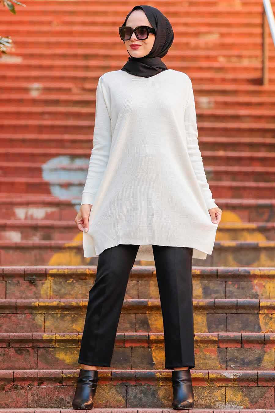 Ecru Hijab Knitwear Tunic 18120E - Neva 
