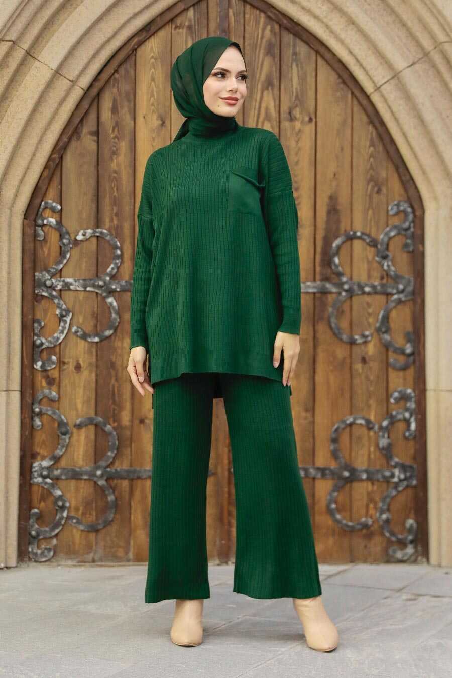 Emerald Green Hijab Knitwear Double Suit 34060ZY