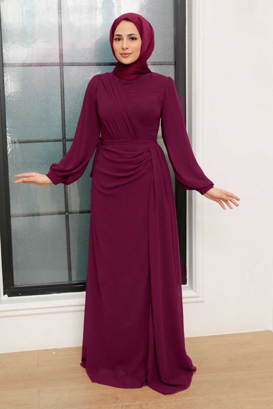Fushia Hijab Evening Dress 5711F