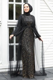 Gold Hijab Evening Dress 5383GOLD - Thumbnail