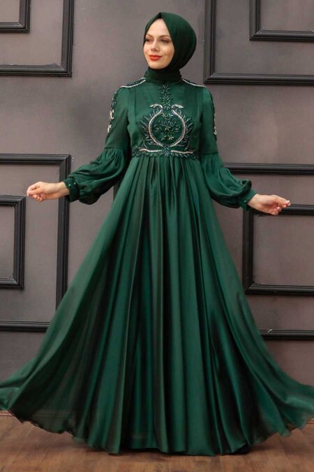 Neva Style - Elegant Green Muslim Fashion Evening Dress 2212Y