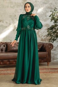 Green Hijab Evening Dress 25822Y - Thumbnail