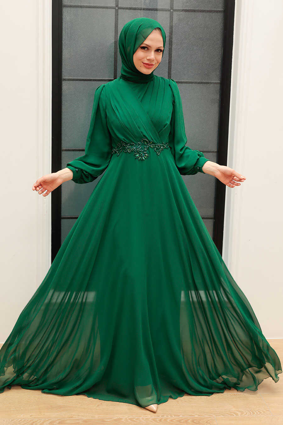 Green Hijab Evening Dress 3435Y