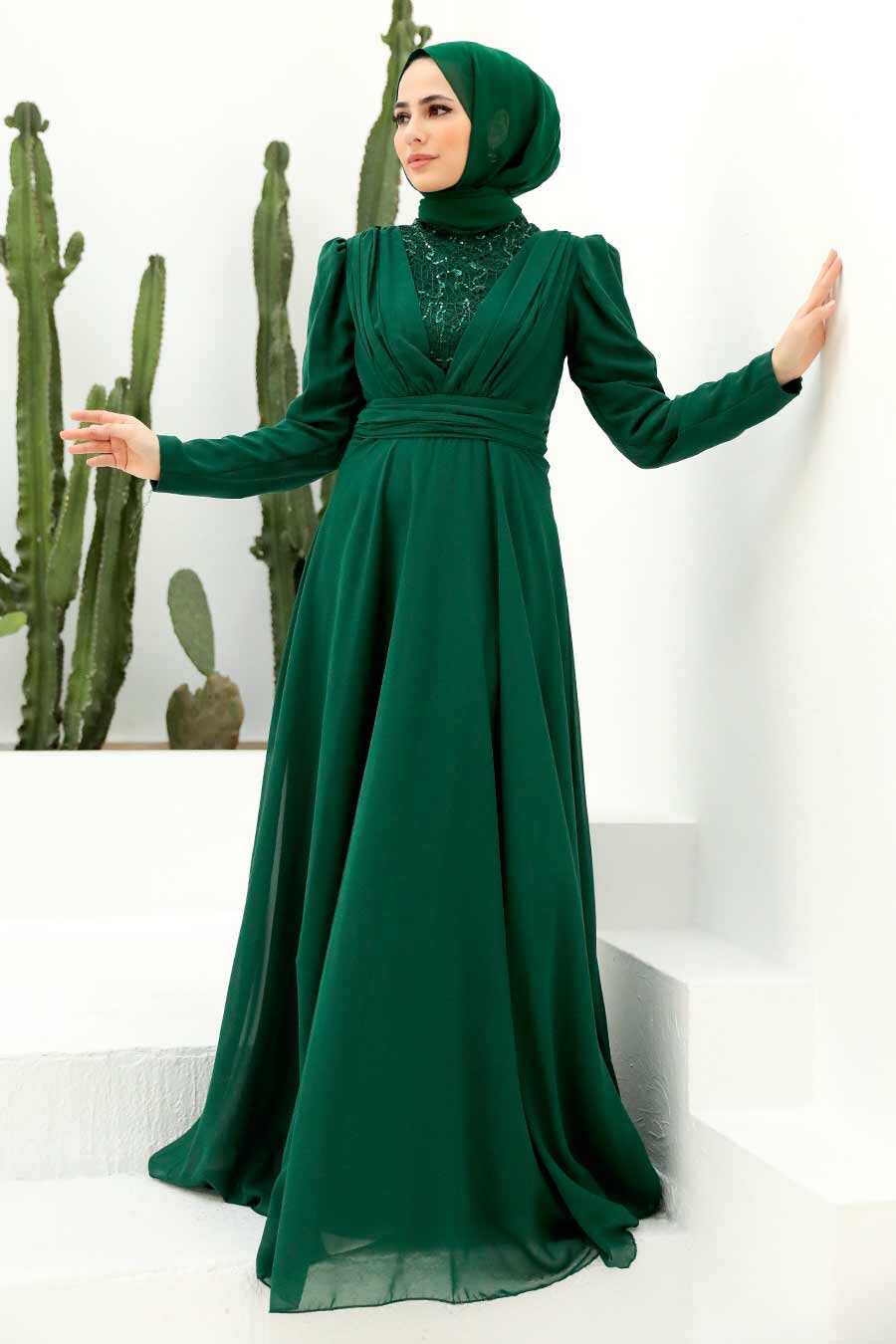 Green Hijab Evening Dress 56280Y