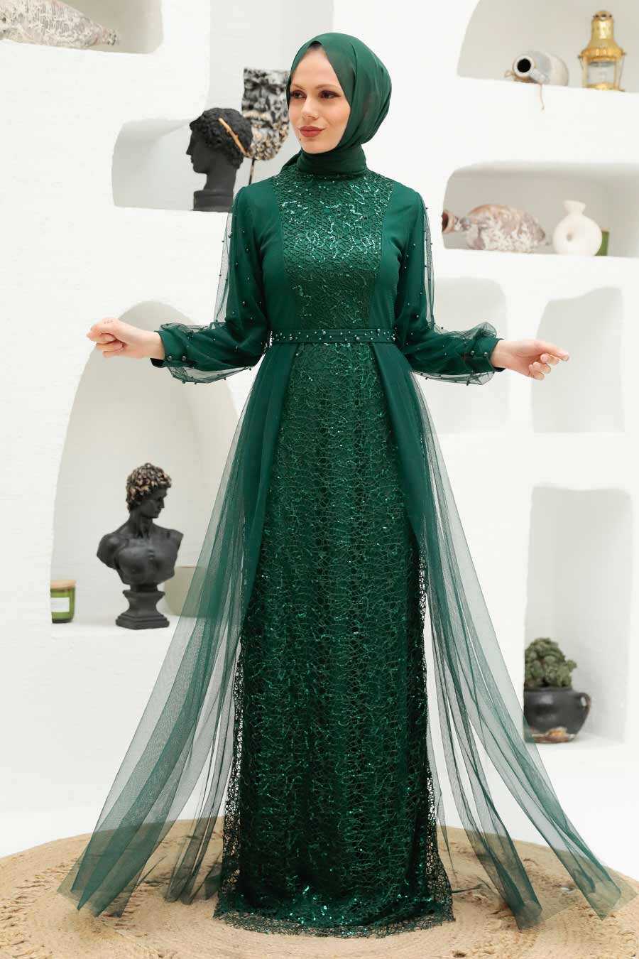 Neva Style - Long Sleeve Green Modest Evening Gown 5632Y