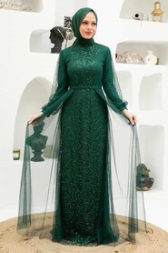 Neva Style - Long Sleeve Green Modest Evening Gown 5632Y - Thumbnail