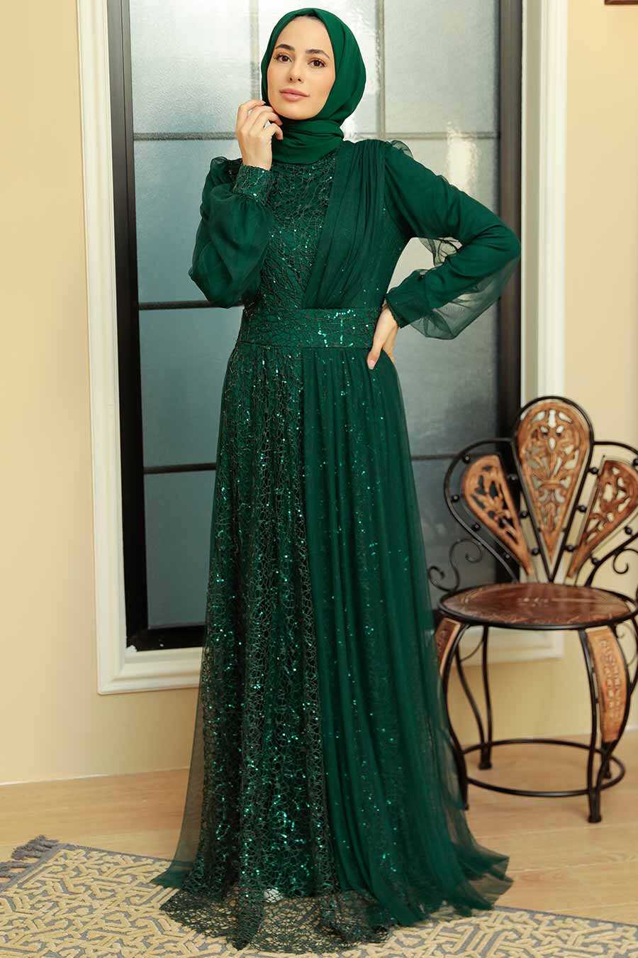 Green Hijab Evening Dress 5696Y