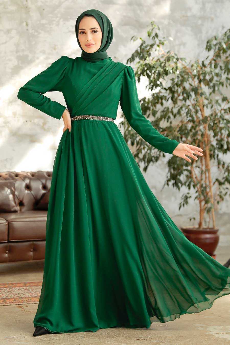 Green Hijab Evening Dress 5737Y
