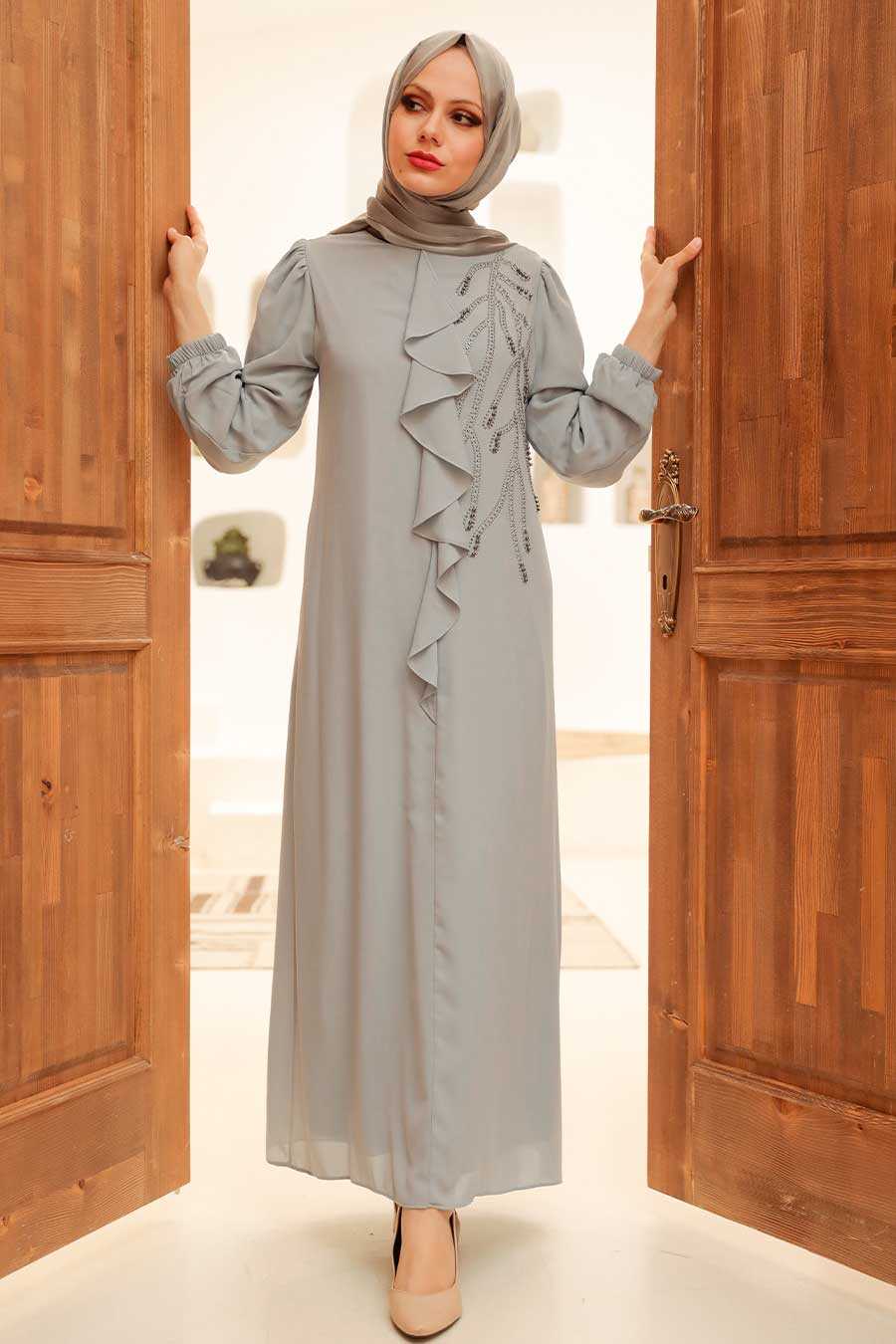 Grey Hijab Evening Dress 12951GR