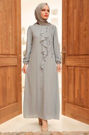Grey Hijab Evening Dress 12951GR - Thumbnail