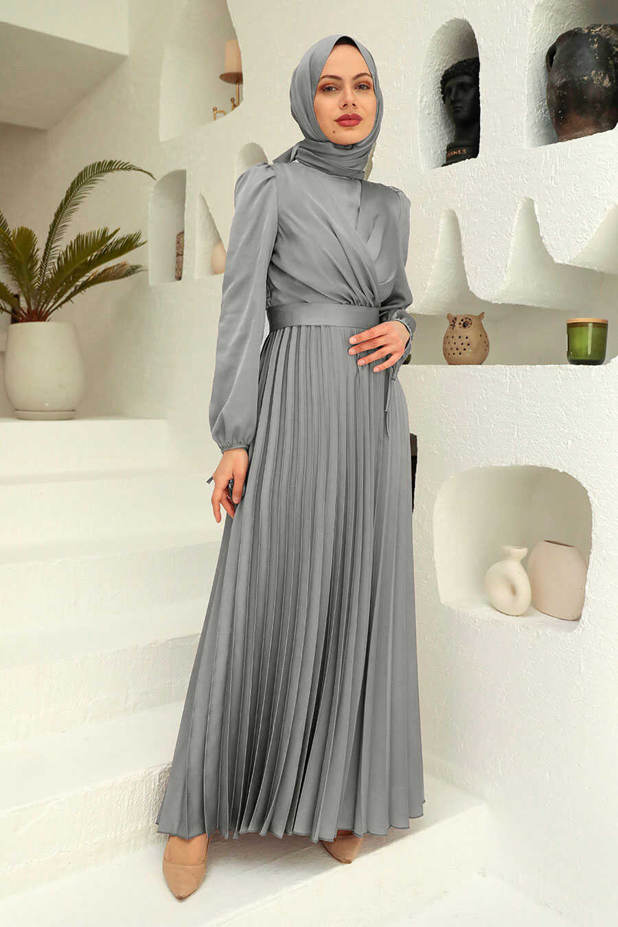 Grey Hijab Evening Dress 3452GR