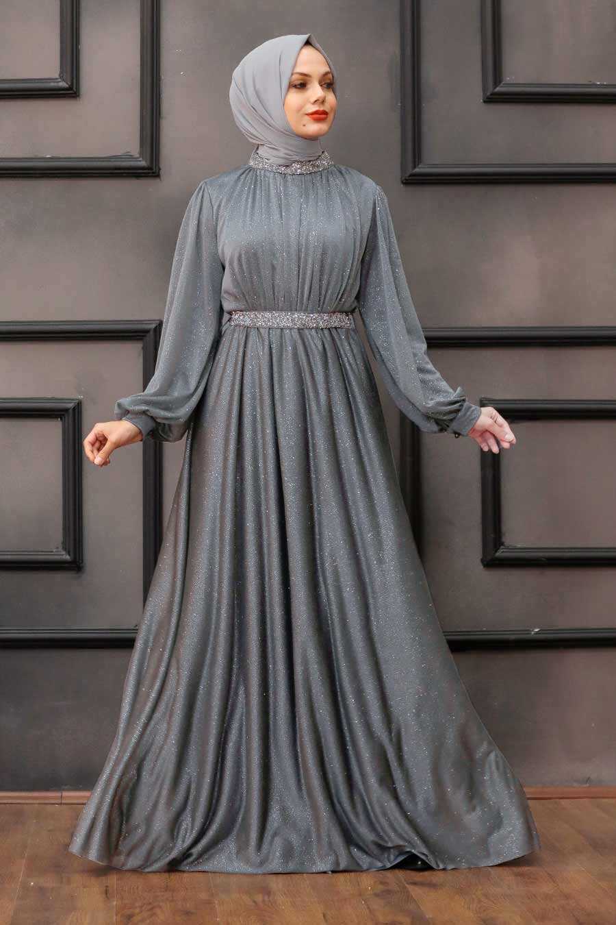 Grey Hijab Evening Dress 5501GR