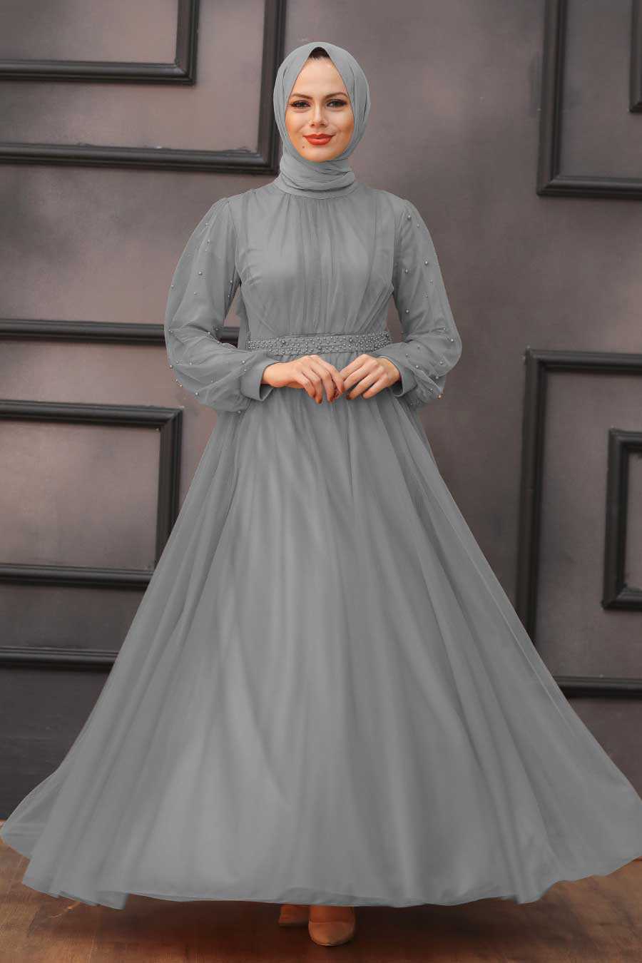 Grey Hijab Evening Dress 5514GR