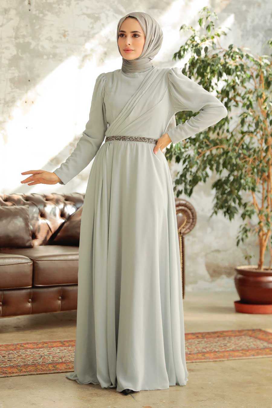 Grey Hijab Evening Dress 5737GR