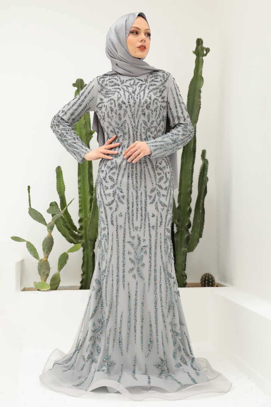 Grey Hijab Evening Dress 820GR