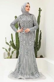 Grey Hijab Evening Dress 820GR - Thumbnail