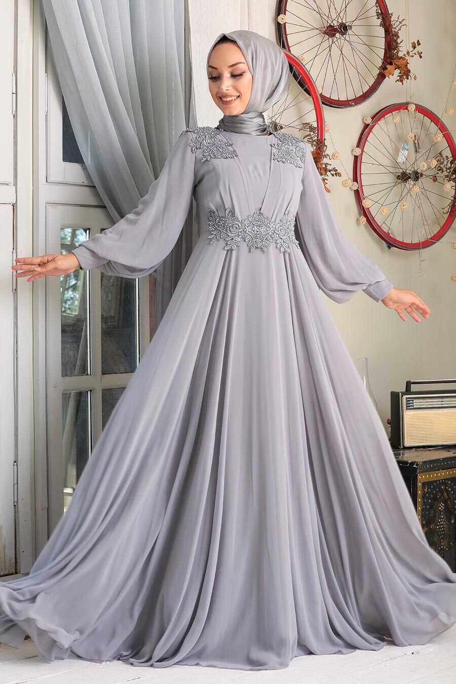 Grey Hijab Evening Dress 9130GR - Neva-style.com